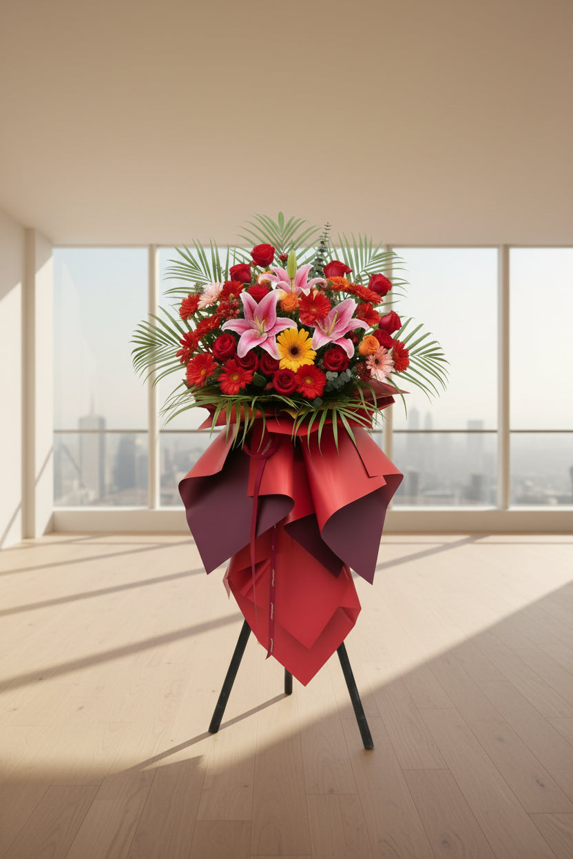 Two large red and pink flower baskets with Chinese greeting cards, displayed on black metal stands on a paved street in front of a building.
