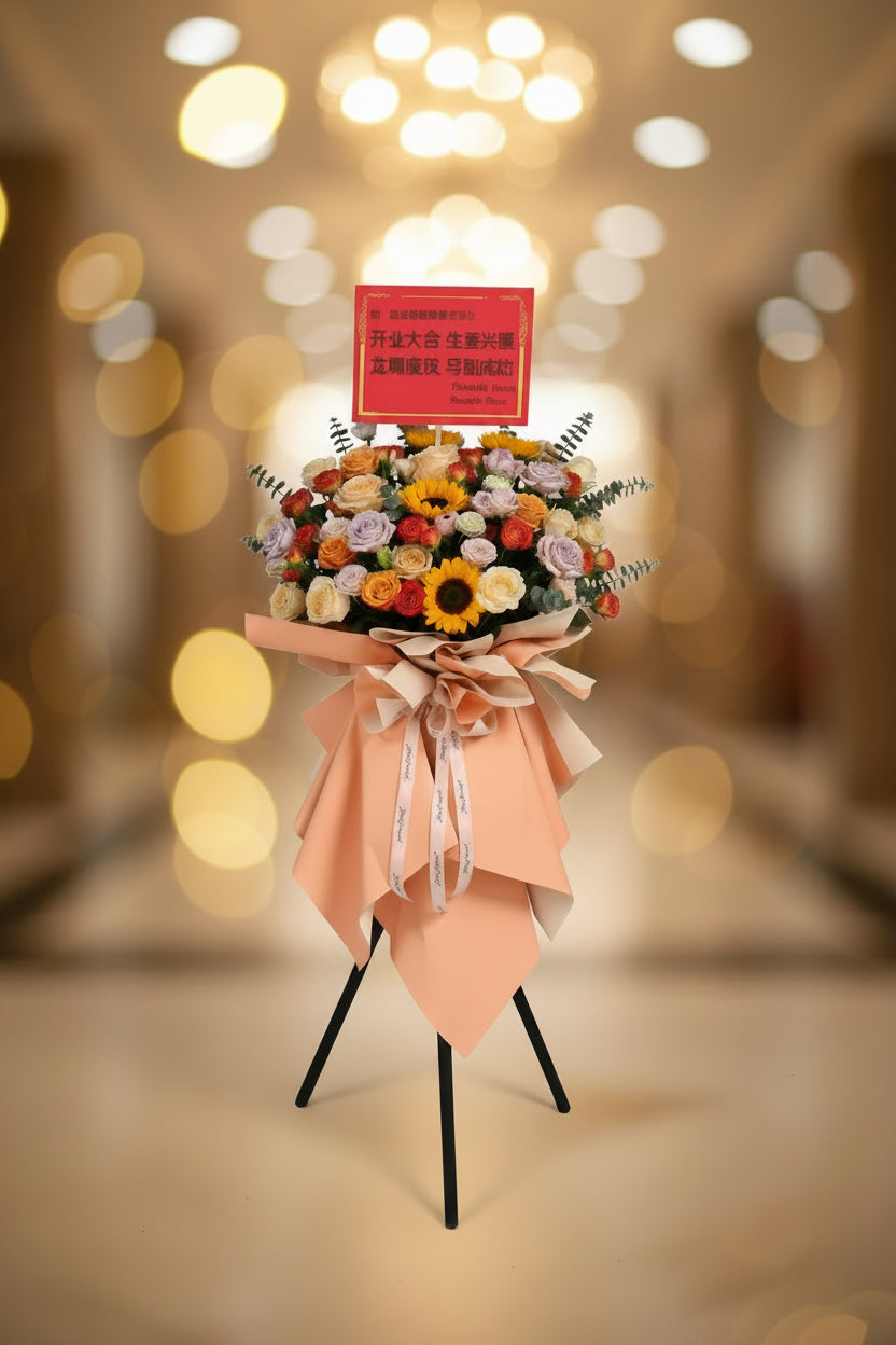 Two large floral welcome baskets with peach paper ribbons and red Chinese开业 signs, displayed in front of a glass storefront.
