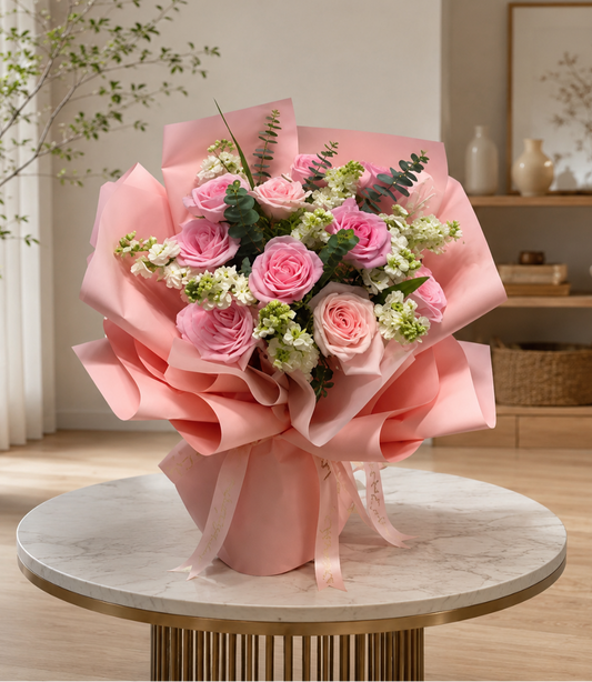 10支粉玫瑰混搭花束~A bouquet of 10 pink roses